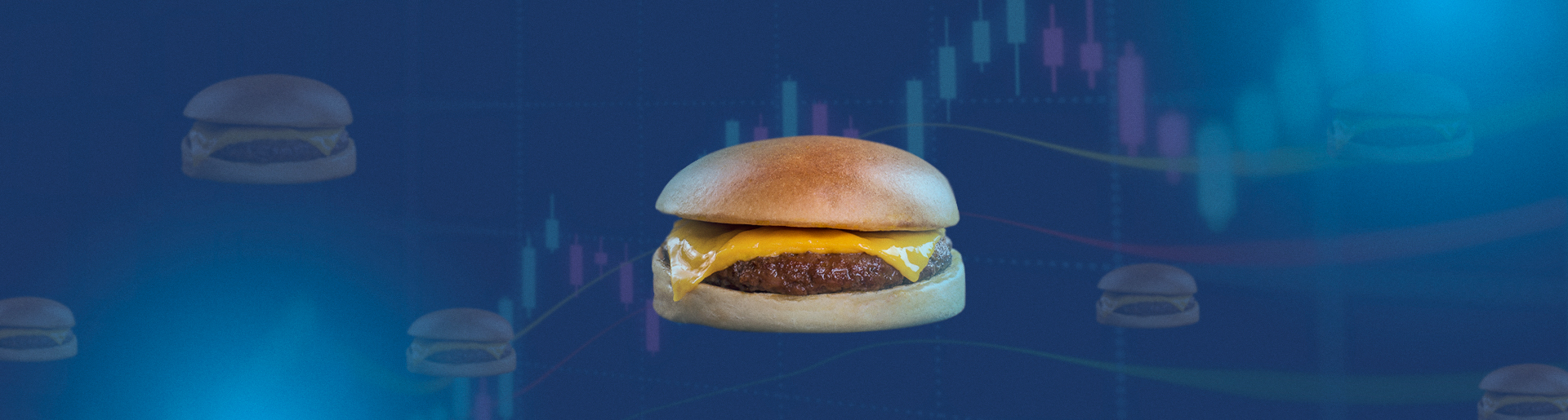Image of cheeseburger floating over a graph background